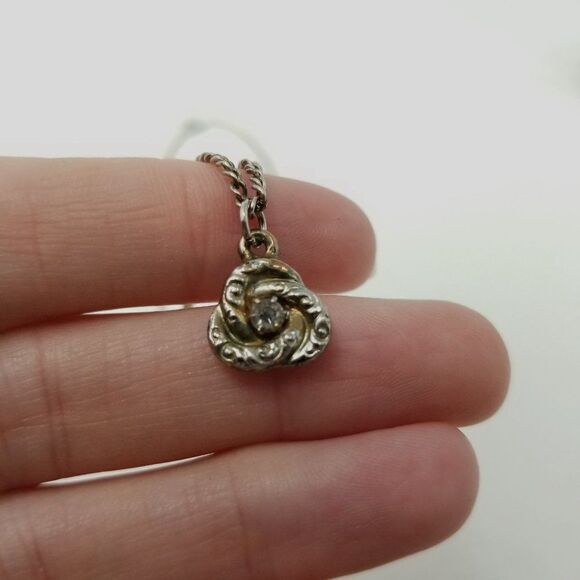 Vintage Tiny Knot Pendant with Rhinestone Center, Silver Tone Chain Necklace - Picture 3 of 5
